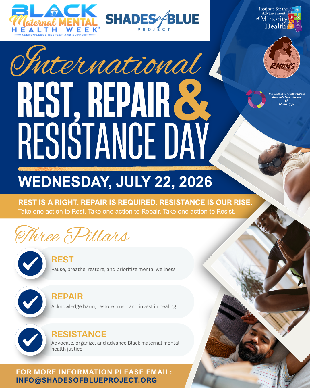 Poster for International Rest, Repair & Resistance Day, Wednesday, July 22, 2026, with blue and orange accents.