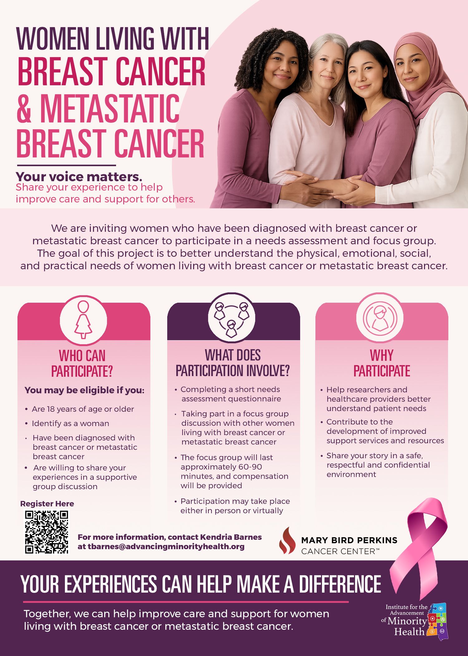 Pink breast cancer support poster for women living with breast and metastatic breast cancer, with three women and resource panels