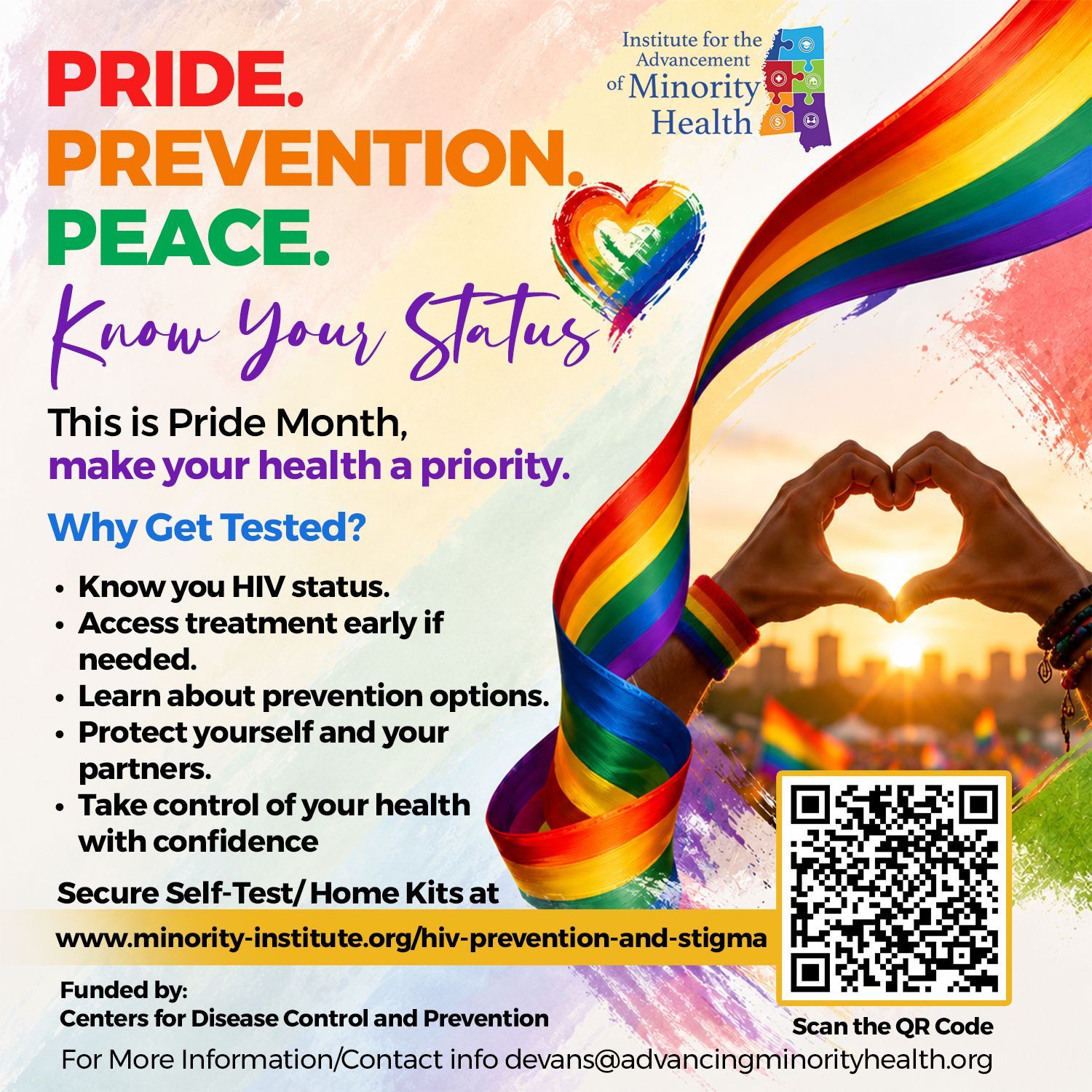 Pride Month HIV prevention poster with rainbow heart, text, and QR code on a pink-orange background