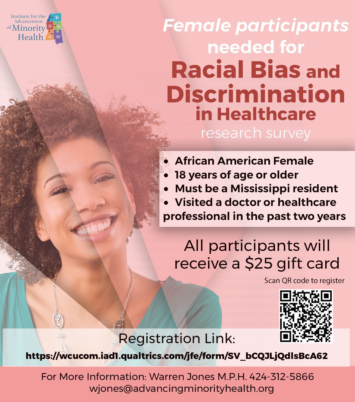 Flyer seeking African American women for a healthcare bias survey. Participants must be Mississippi residents, 18+, and have seen a healthcare provider in the past two years. Offers a $25 gift card.