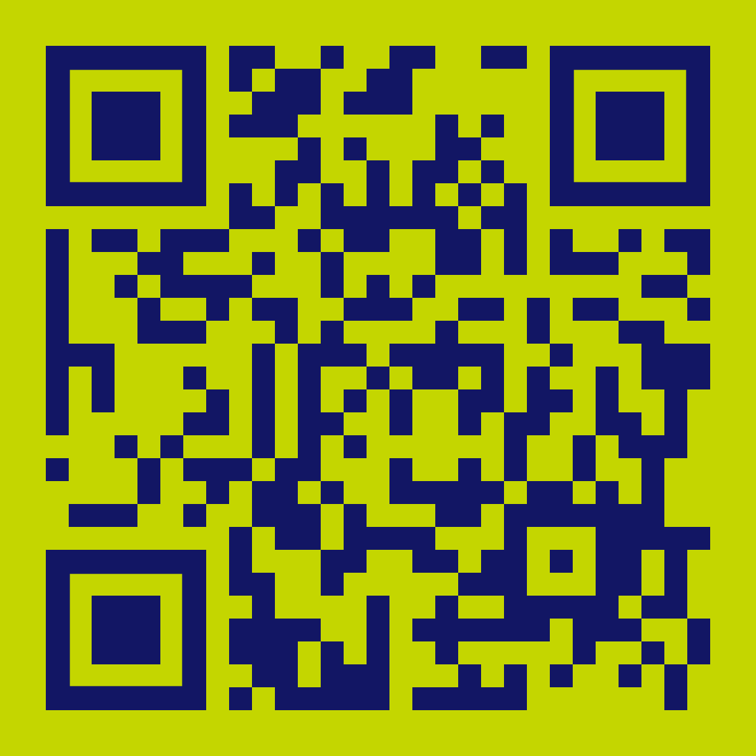 QR code with a blue pattern on a yellow background.