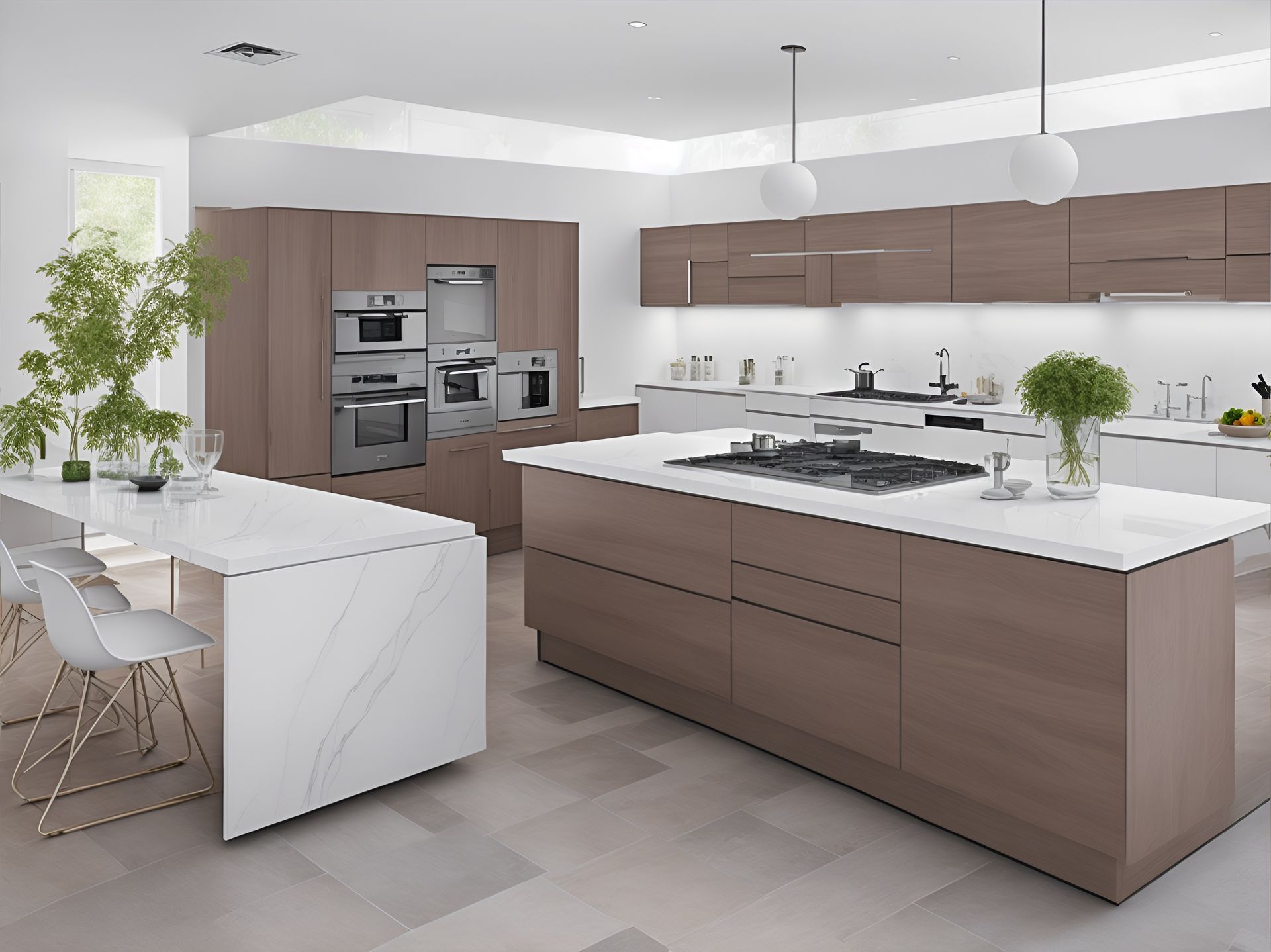 Modern white and wood kitchen with island, built-in ovens, dining table, and large windows