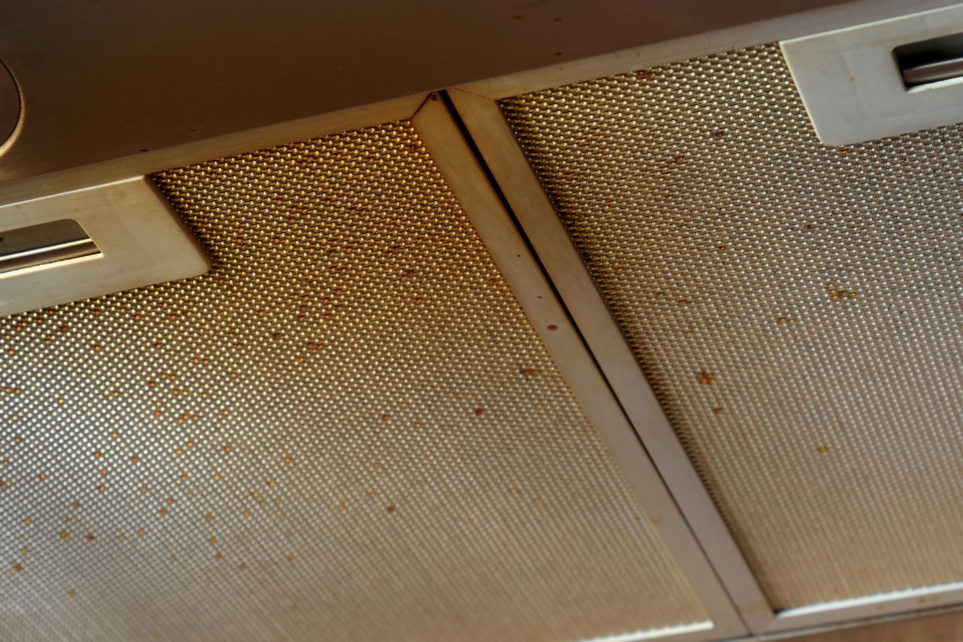 Close-up of beige perforated metal ceiling panels with recessed light fixtures.