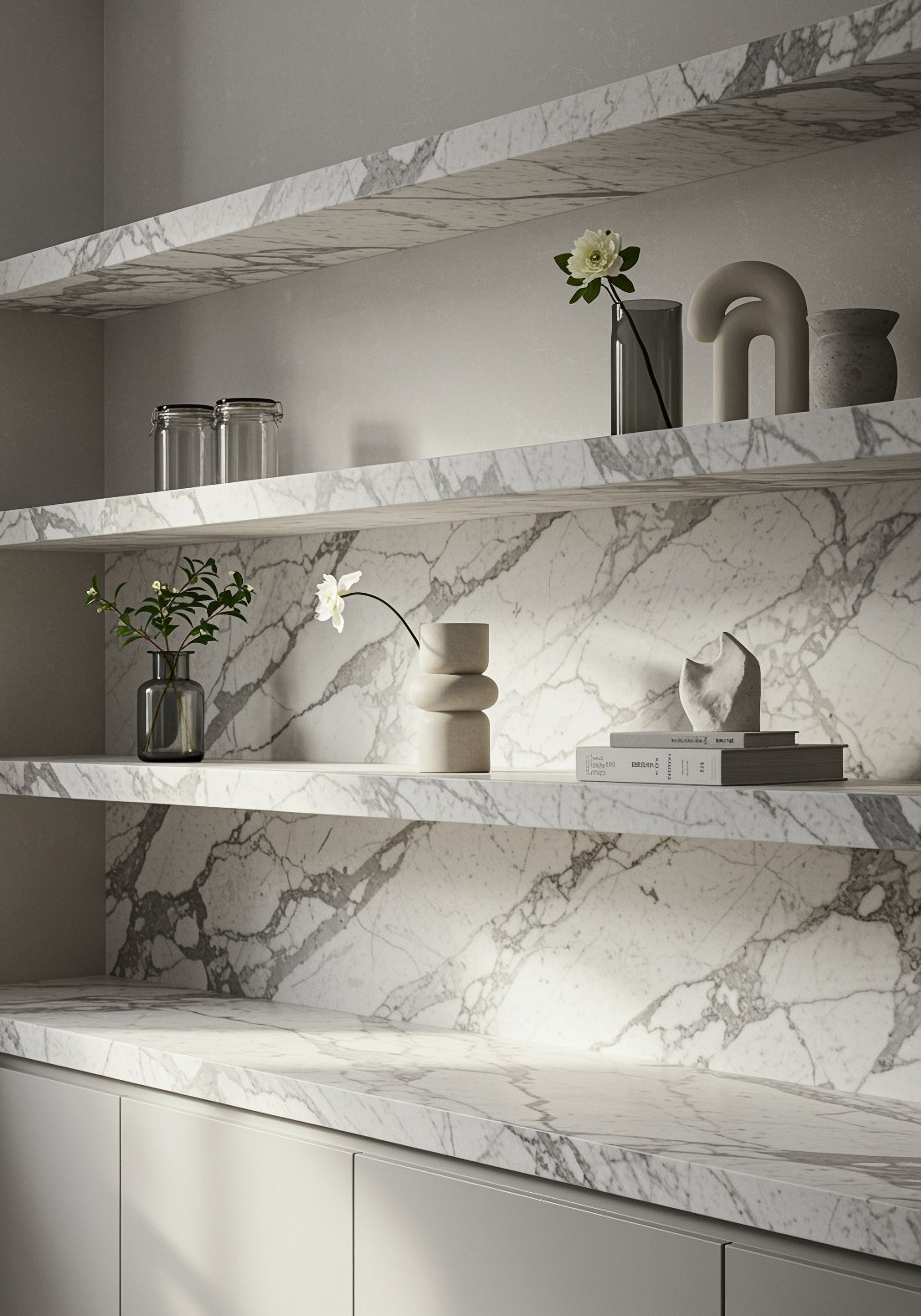 Marble shelves with minimalist decor and small vases in a bright modern room
