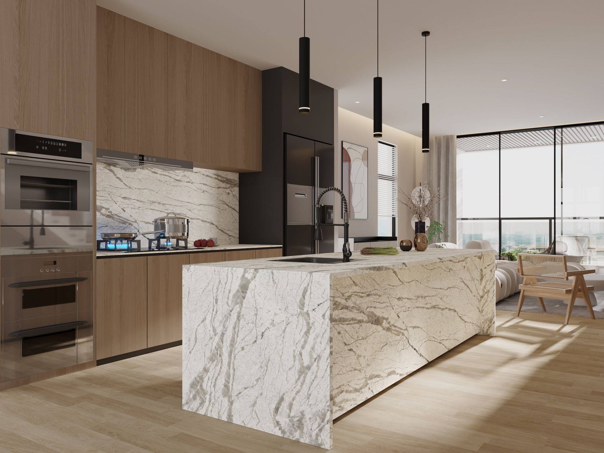 Modern kitchen with marble island, wood cabinetry, black pendant lights, and large windows.