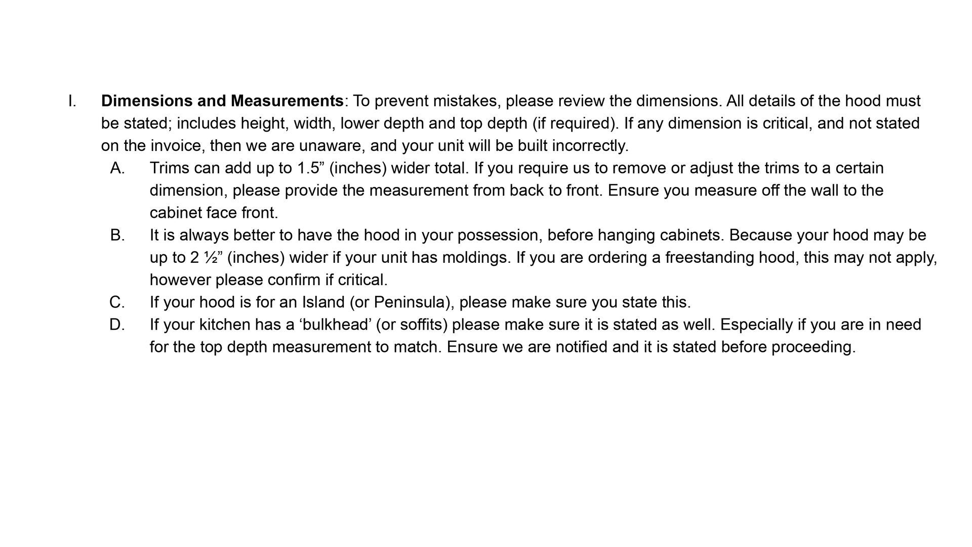 Blurry screenshot of a document with a bulleted list and text under the heading “Dimensions and Measurement.”