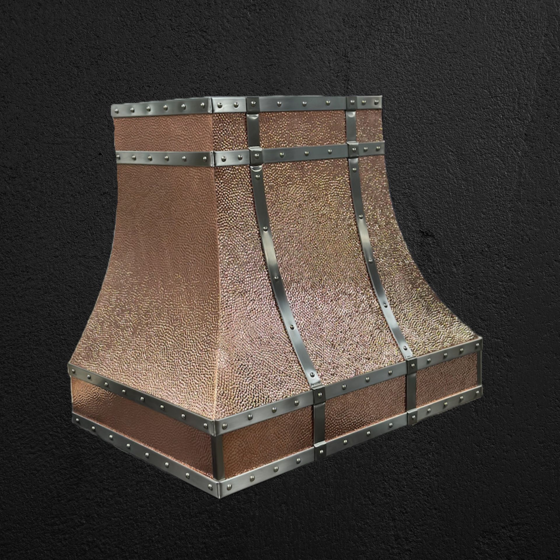 Copper-textured industrial vent hood with riveted metal bands on a dark background