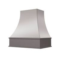 Stainless steel range hood with a boxy base on a white background