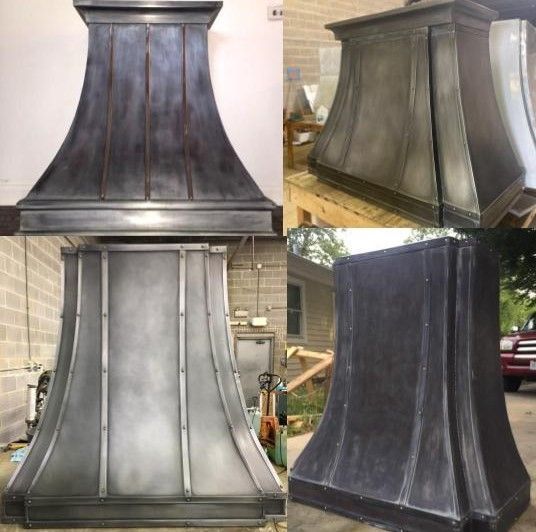Collage of a dark metal chimney hood from multiple angles in a workshop setting