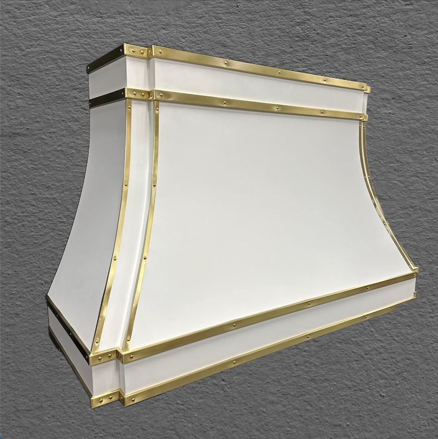 White and gold decorative wall sconce with a curved, flared shade on a gray background