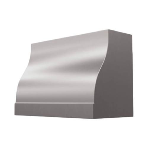 Silver stainless steel range hood with a curved front panel and boxy sides