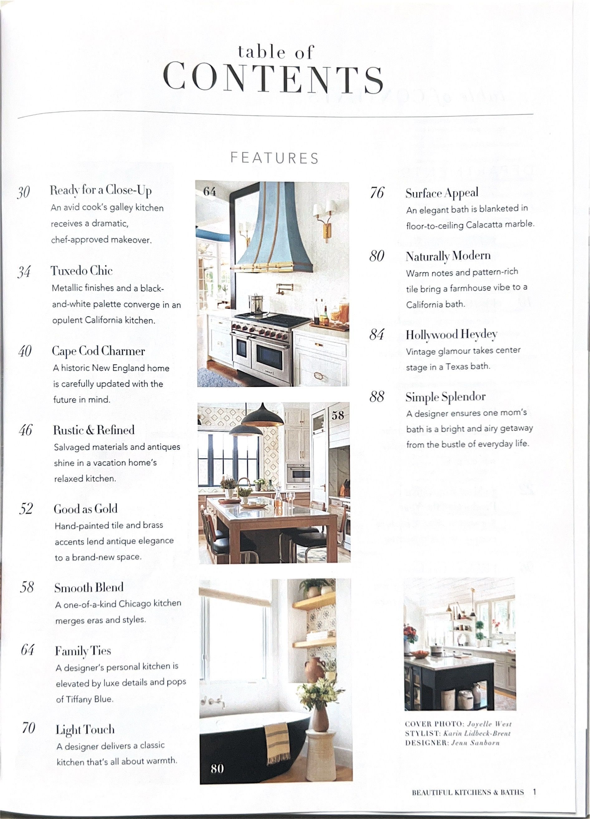 Table of contents page with a narrow center column of interior design photos and two columns of text.