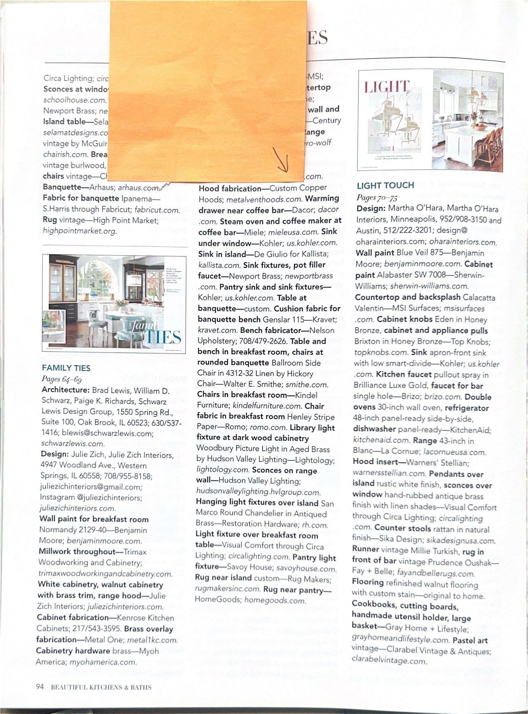 White page with dense handwritten notes and small interior design images, partly covered by an orange sticky note.