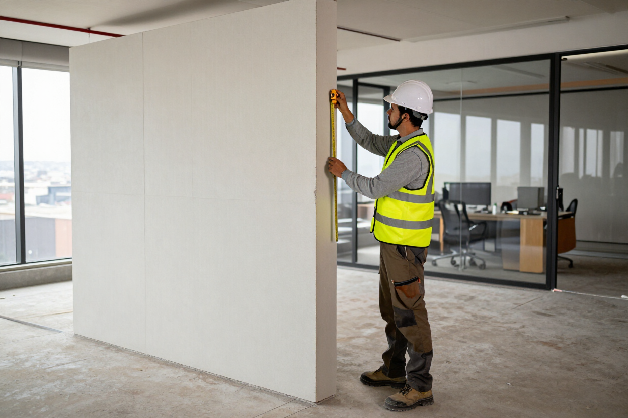 Un trabajador con casco y chaleco de seguridad instalando un tabique de pladur en una oficina moderna en construcción