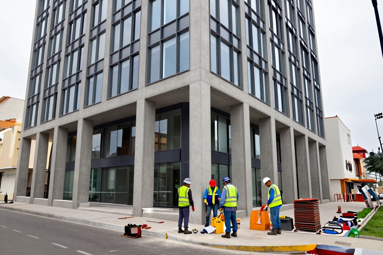 Trabajadores con chalecos de seguridad están junto a un edificio moderno en construcción, en una calle de la ciudad.
