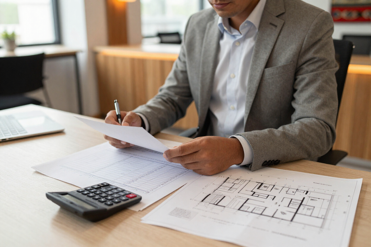 Una persona con una chaqueta gris revisa documentos en un escritorio con una calculadora y planos dibujados a mano.