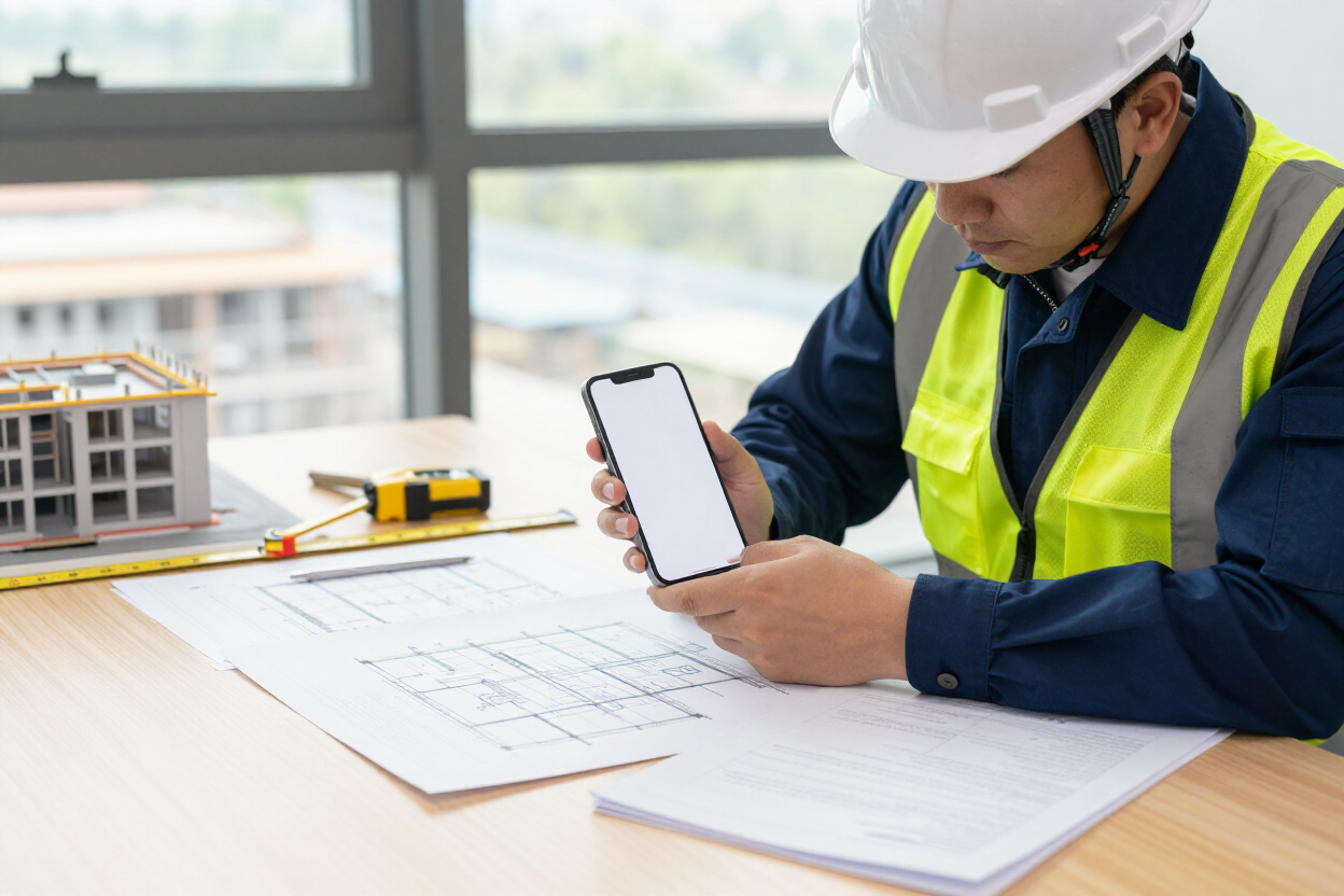 Obrero de la construcción con casco, revisando planos
