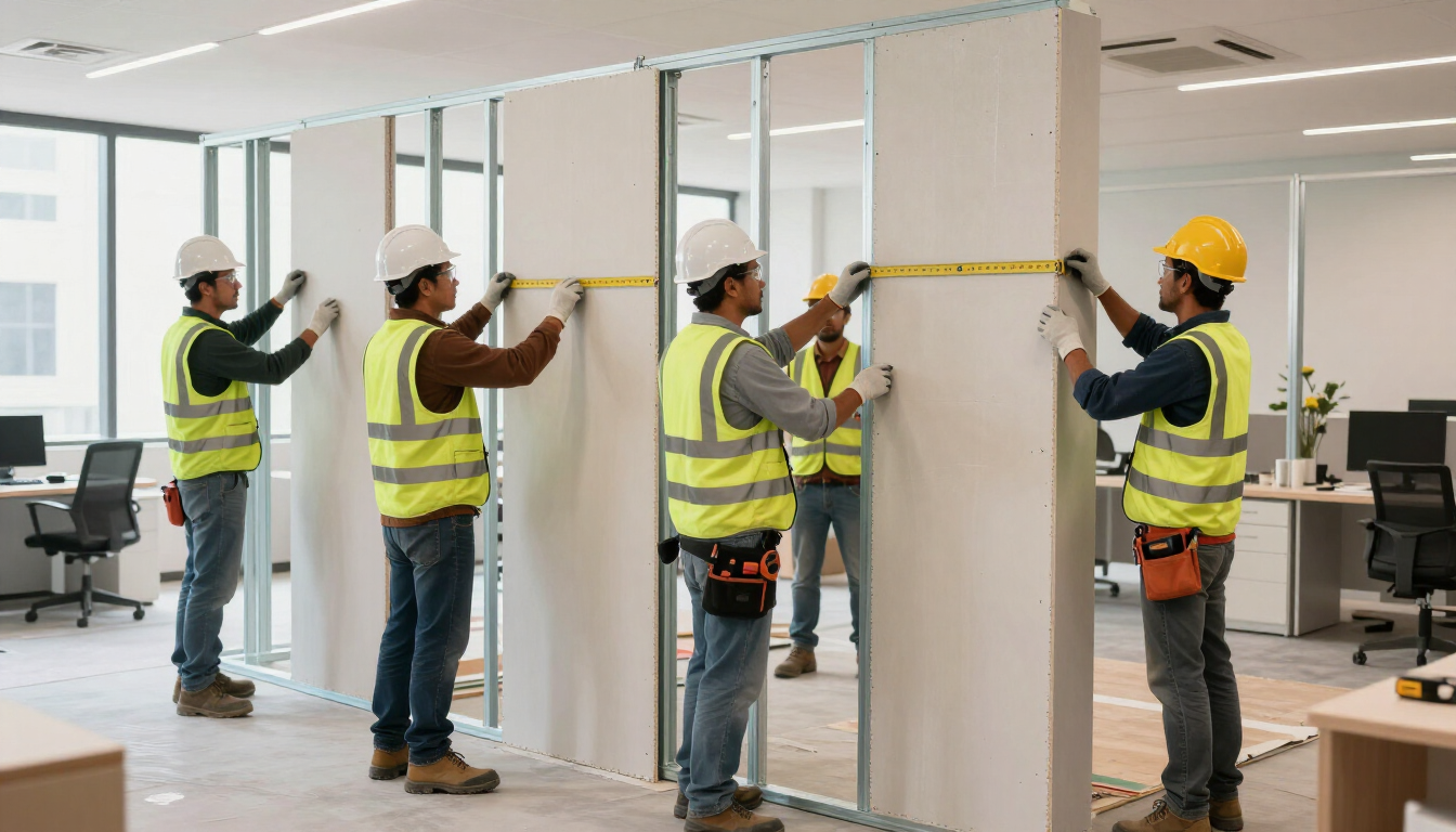 Equipo trabajando en la instalación de divisiones de drywall