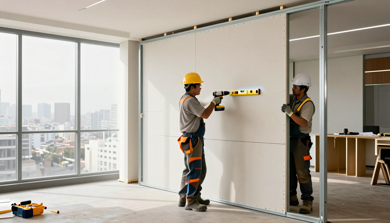 Instalación profesional de drywall en una oficina empresarial