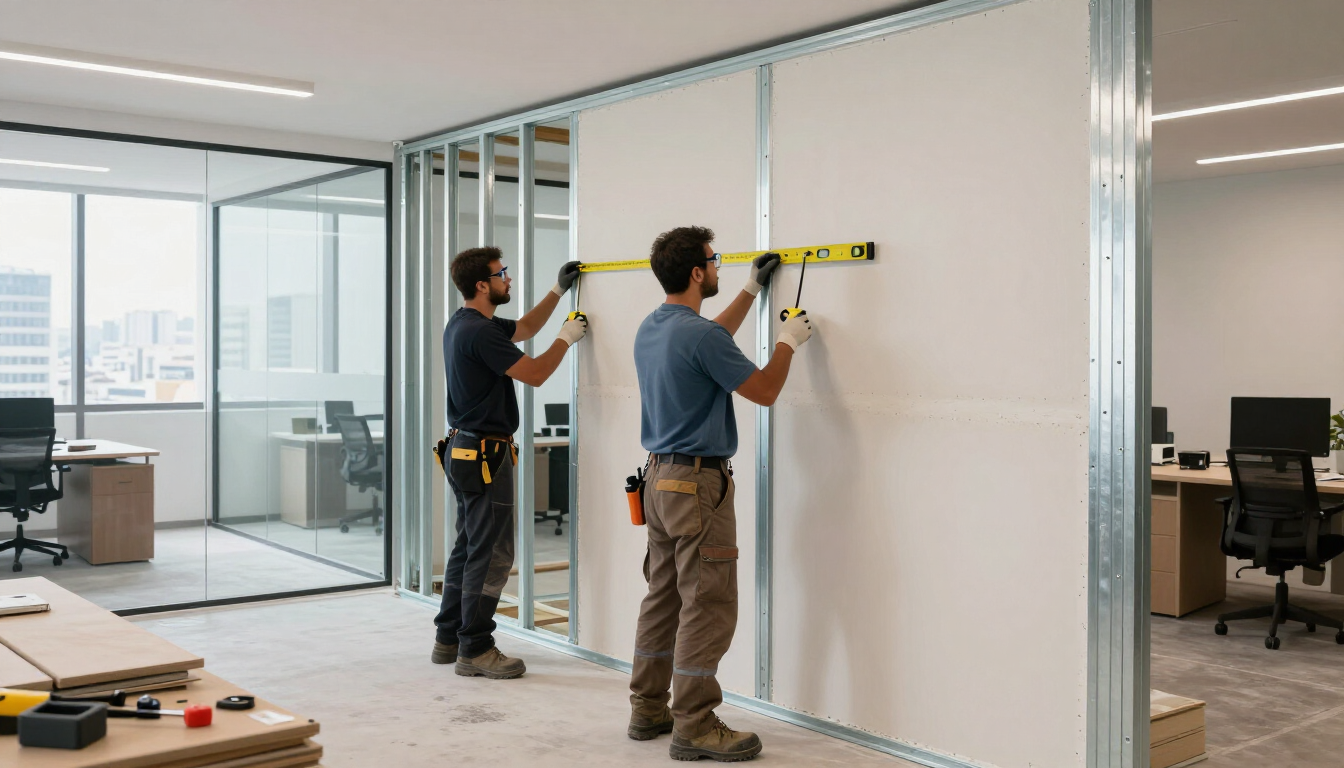 Equipo profesional instalando drywall en una oficina de Lima