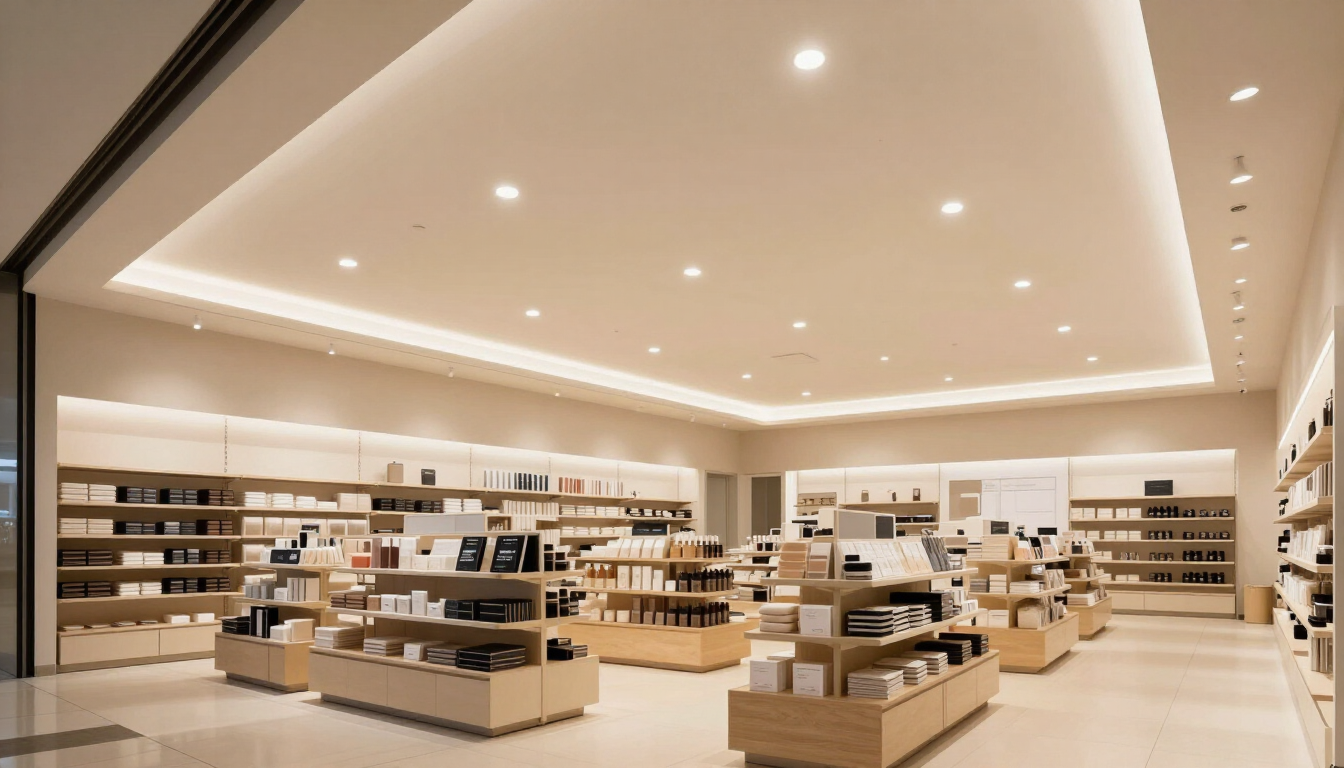Diseño de techo de drywall con iluminación LED en un local comercial