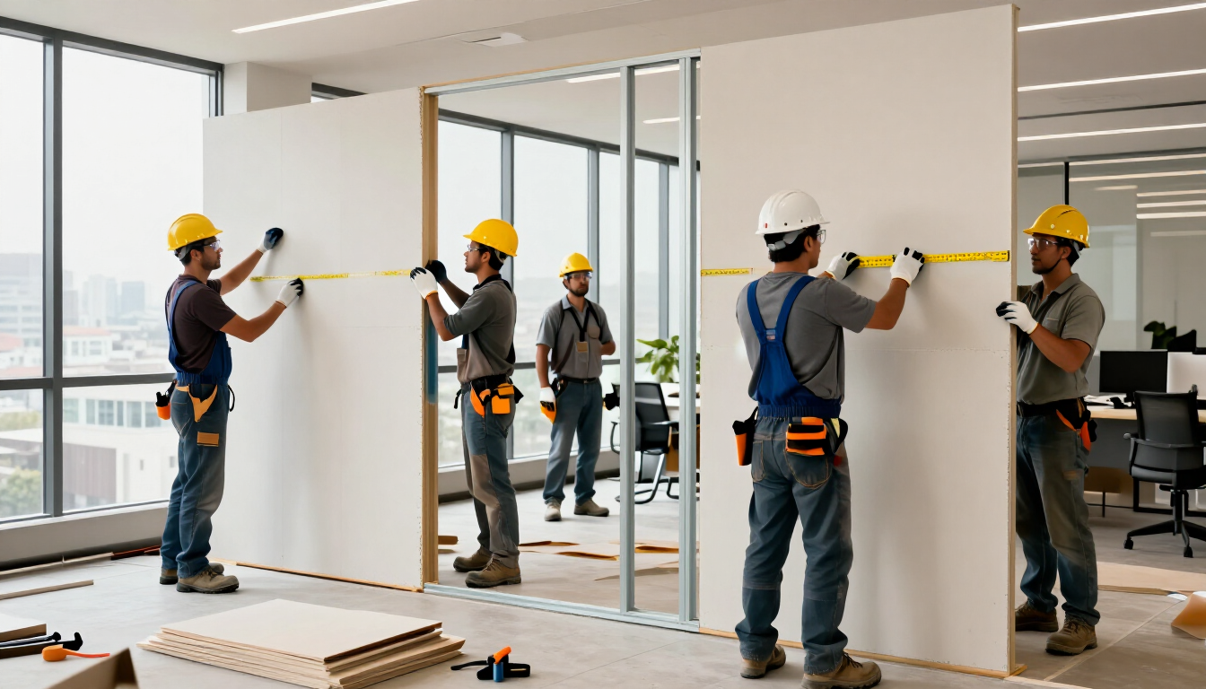 Equipo profesional instalando divisiones de drywall en una oficina