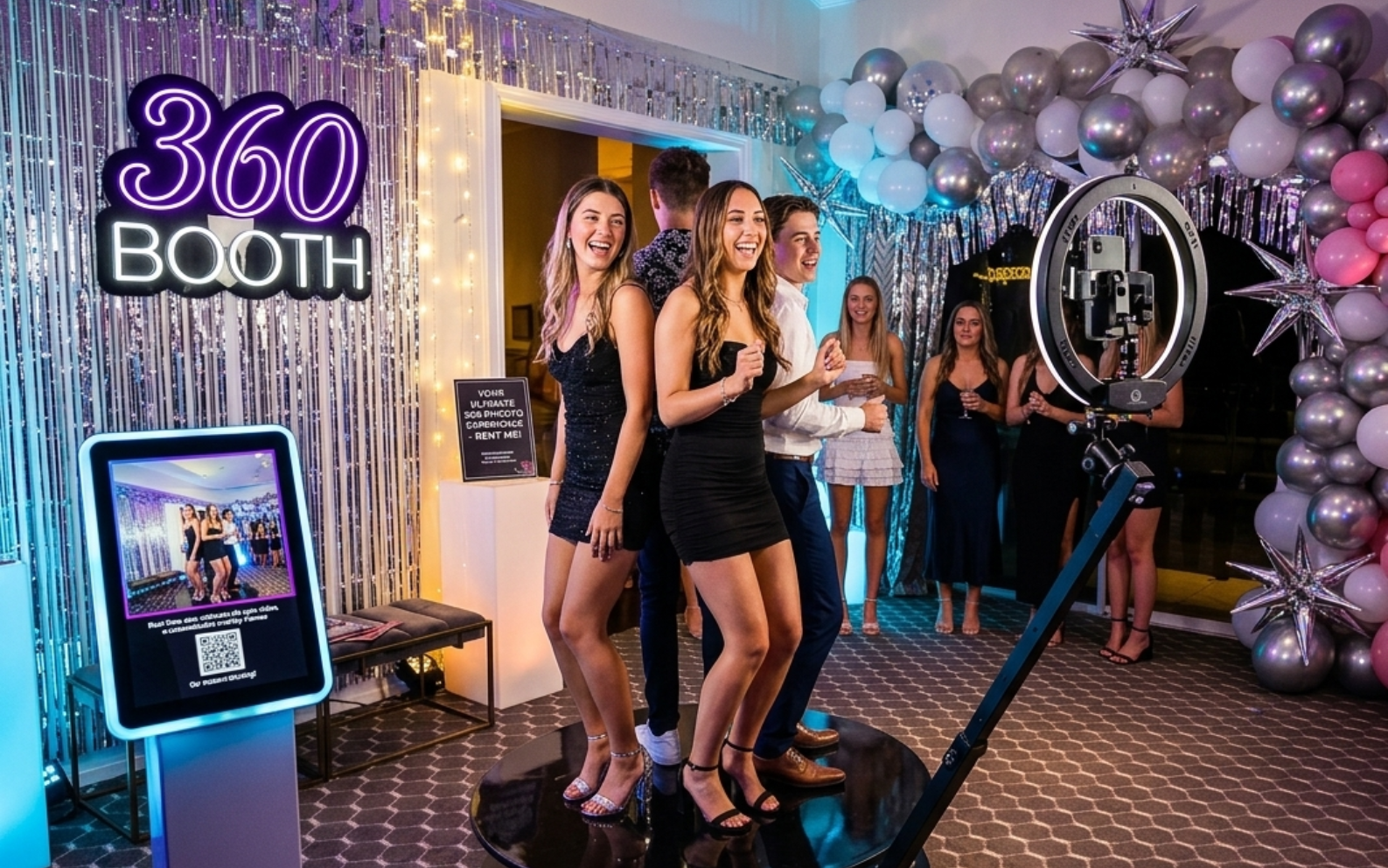 Three people posing in a 360 booth event with purple lighting and a camera rig nearby