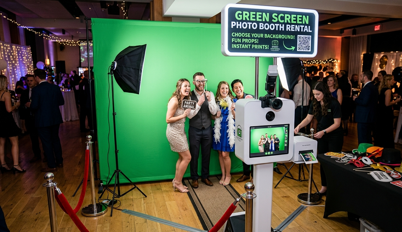 Green screen photo booth at a party with people posing beside a camera setup and lighting equipment