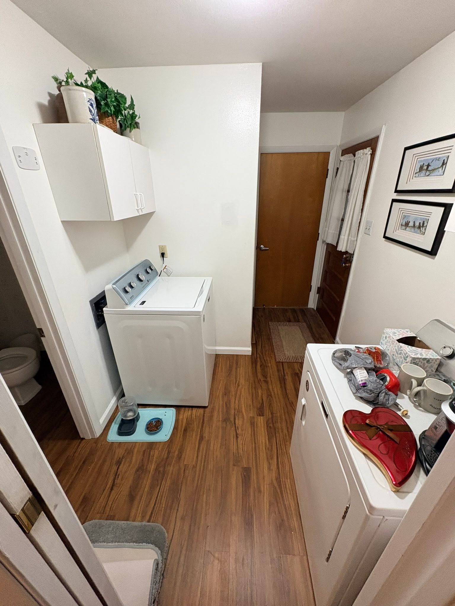 Narrow laundry room with washer, sink, cabinets, wood floor, and wall art.
