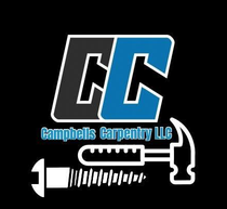 Campbels Carpentry LLC logo with blue-and-black initials and white hammer, saw, and screw on black background