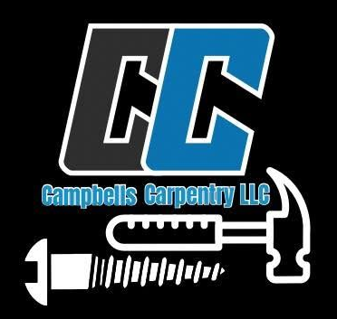 Campbels Carpentry LLC logo with blue-and-black initials and white hammer, saw, and screw on black background