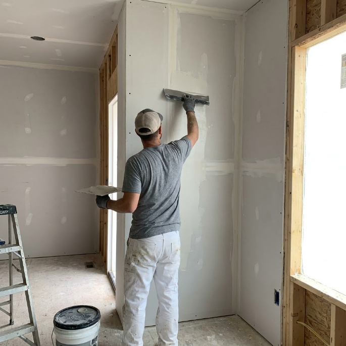 Person drywalling a room, smoothing compound on a wall beside a large window.