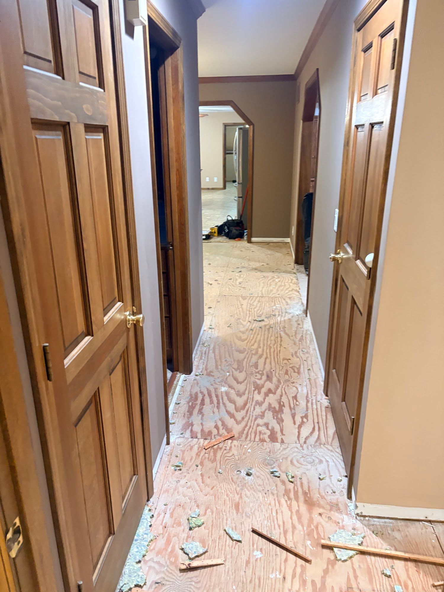 Debris-strewn hallway with damaged floorboards and open wooden doors in a home under renovation