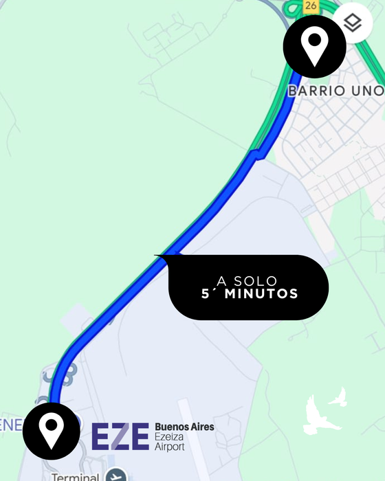 Mapa con una ruta azul desde el aeropuerto EZE hasta Barrio Uno, etiquetada como “A solo 5 minutos”.