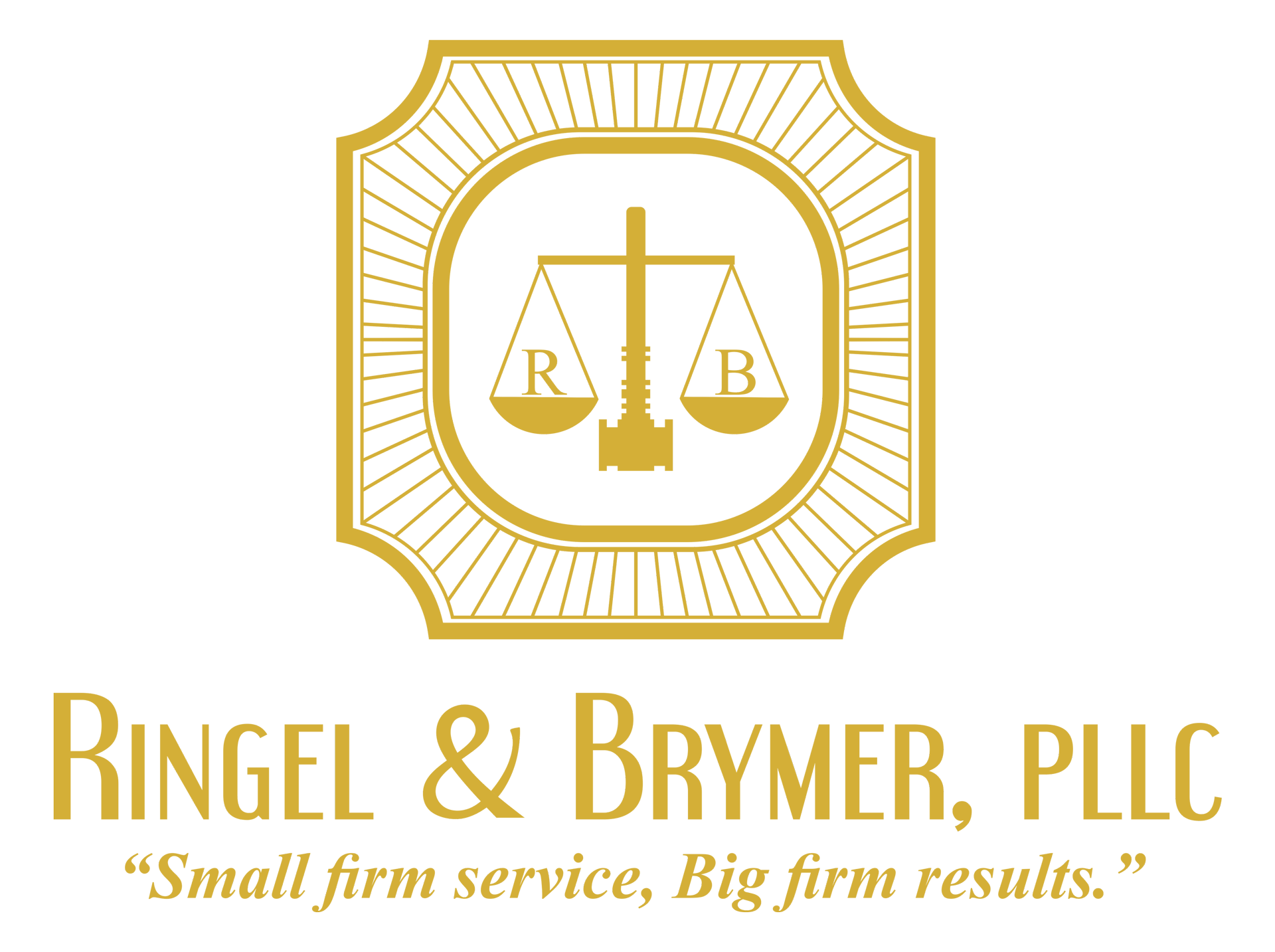 The logo for ringel & brymer , pllc is a small firm service , big firm results.