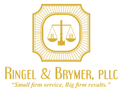 The logo for ringel & brymer , pllc is a small firm service , big firm results.