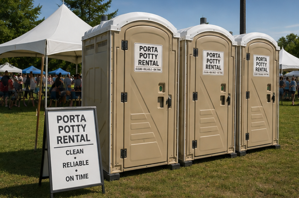 Portable toilets at an outdoor event, with a Porta Potty Rental sign beside them.