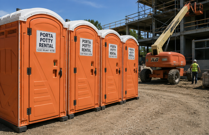 Orange Porta Potty rental units on a construction site beside an excavator and worker