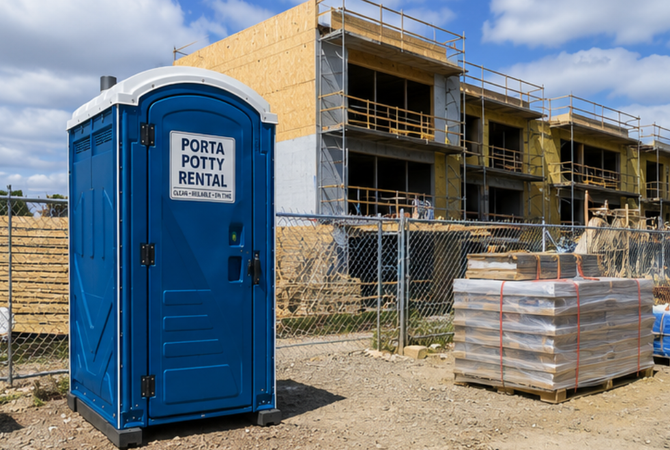 Blue portable toilet in front of a building under construction with scaffolding and stacked materials