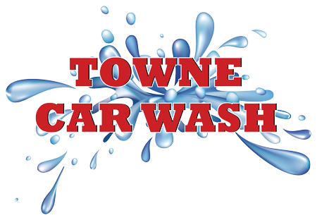 A logo for towne car wash with water splashing out of it.