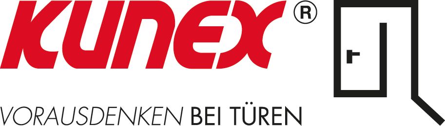 Das Firmenlogo von Kunex zeigt roten, stilisierten Text und ein schwarzes Strichzeichnungssymbol einer Tür mit Griff.