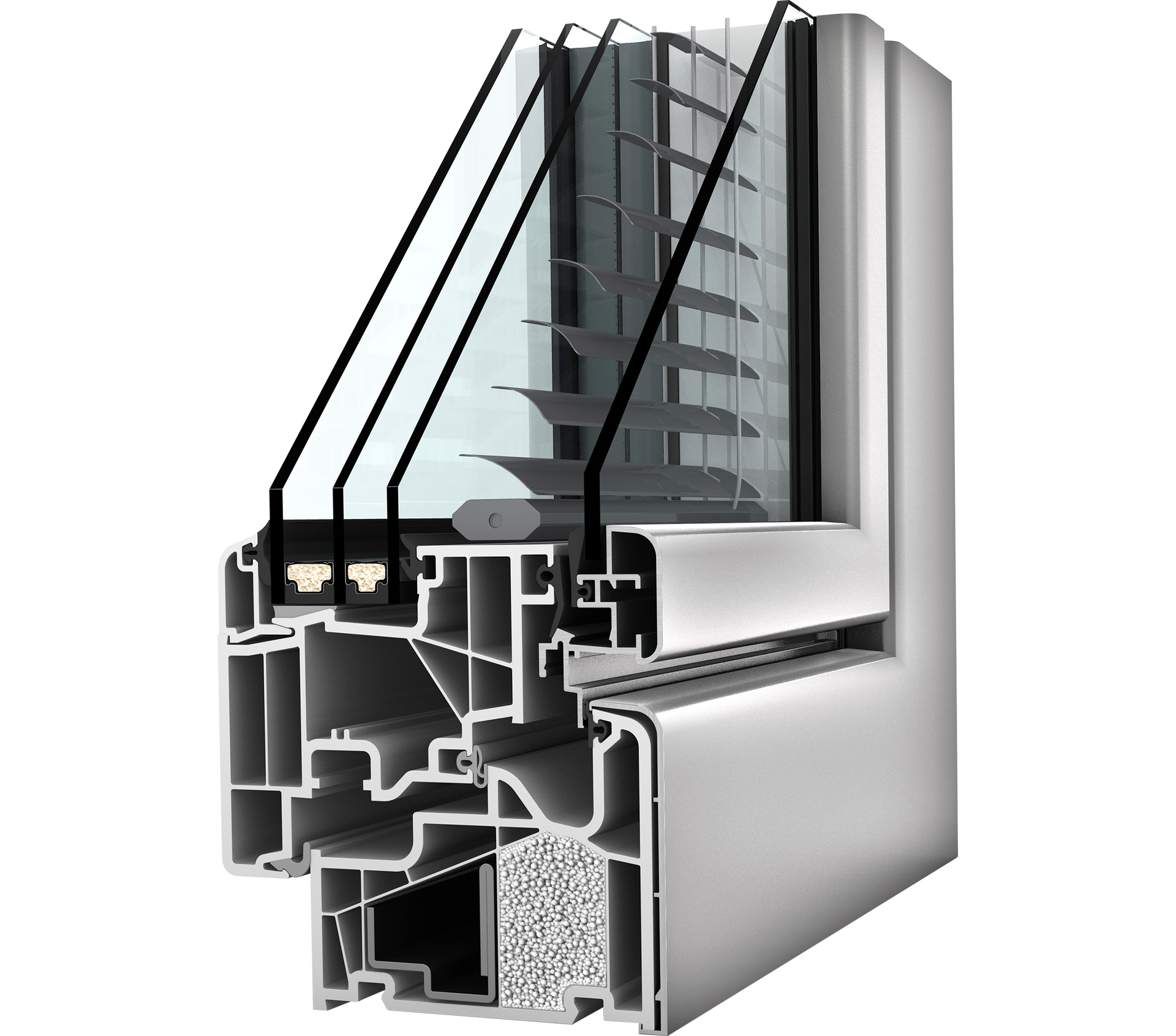 Querschnitt eines dreifach verglasten Fensterrahmens mit Innenisolierung, Metallkonstruktion und integrierten Jalousien.