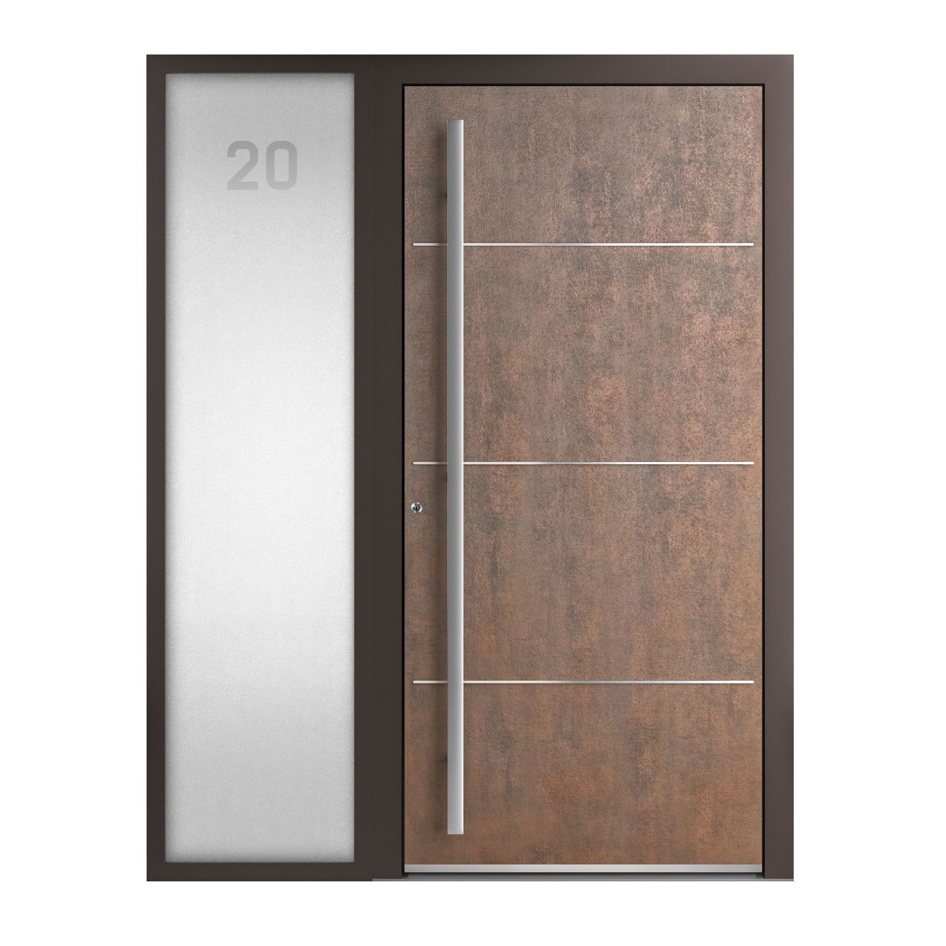 Moderne Eingangstür mit Rosteffekt-Finish, drei horizontalen silbernen Akzenten, vertikalen Griff und einem Seitenfenster.