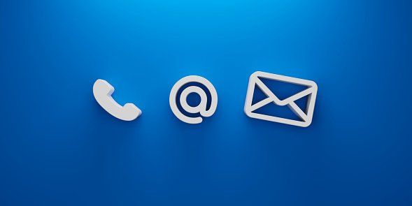 White icons for phone, email, and mail symbols centered on a solid blue background.