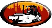 A construction road roller in front of a city skyline, in an oval background.