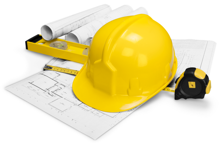 A yellow hard hat is sitting on top of a blueprint