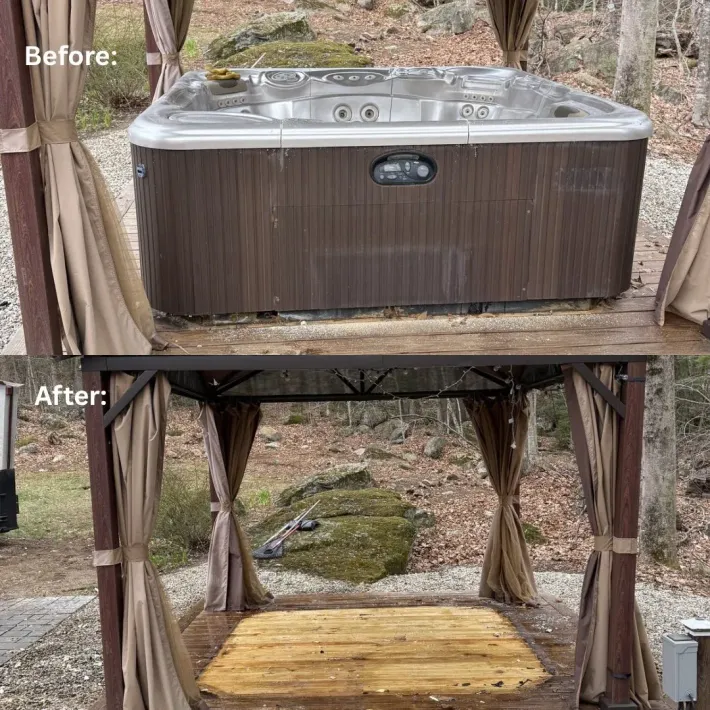 Before-and-after of a brown hot tub being removed, leaving a wooden platform in a wooded outdoor setting.