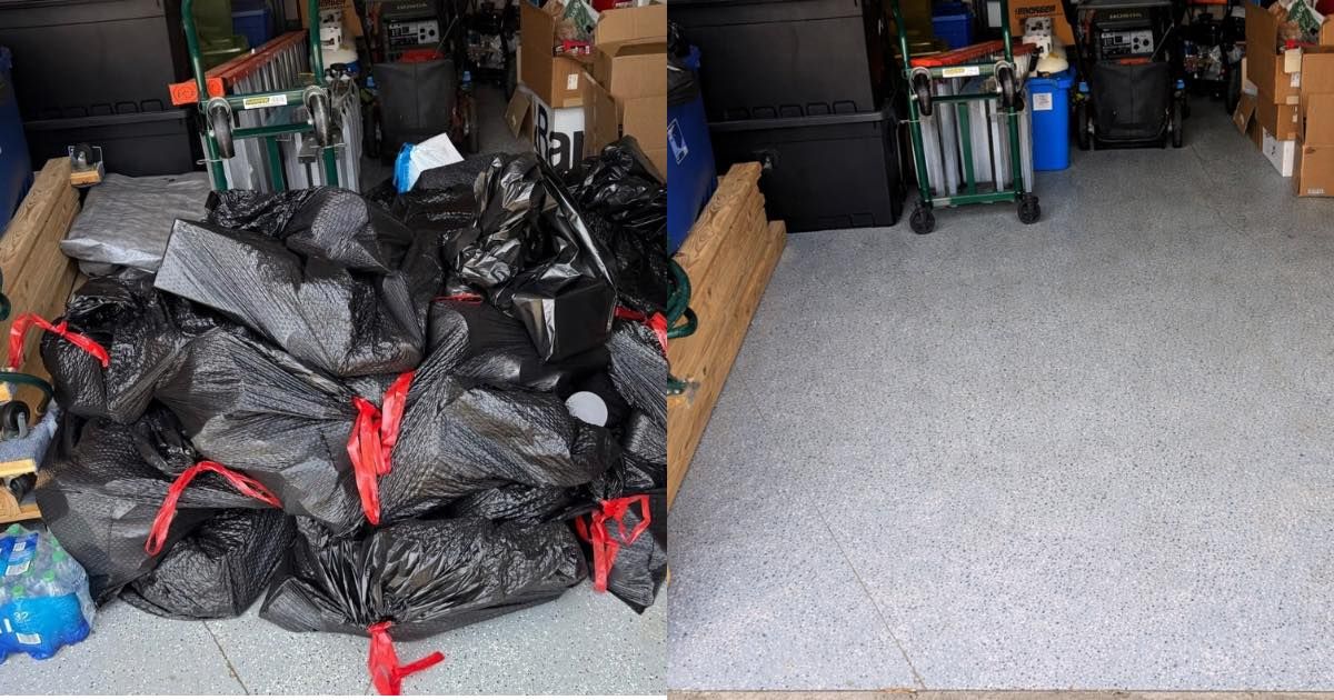 Garage floor covered with black trash bags tied in red, beside stored tools and bins.
