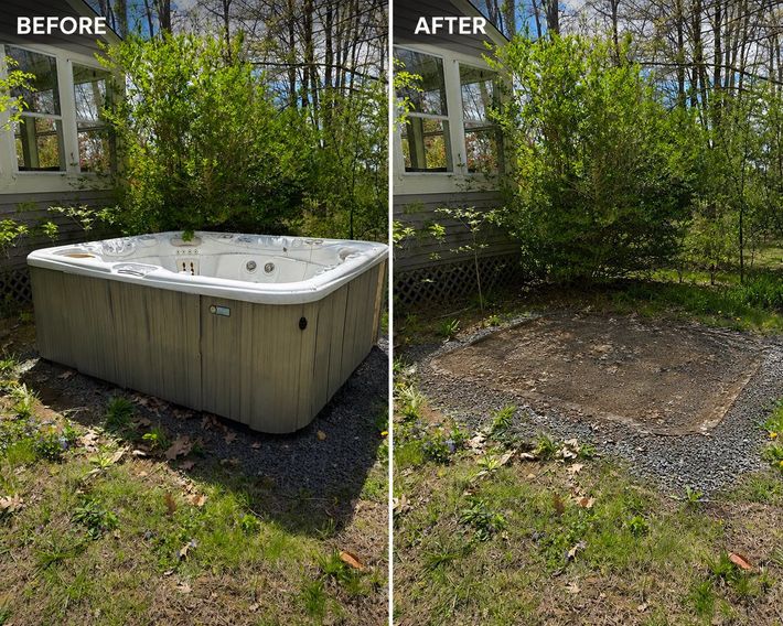 Before-and-after: a hot tub removed from a backyard, leaving a gravel patch.