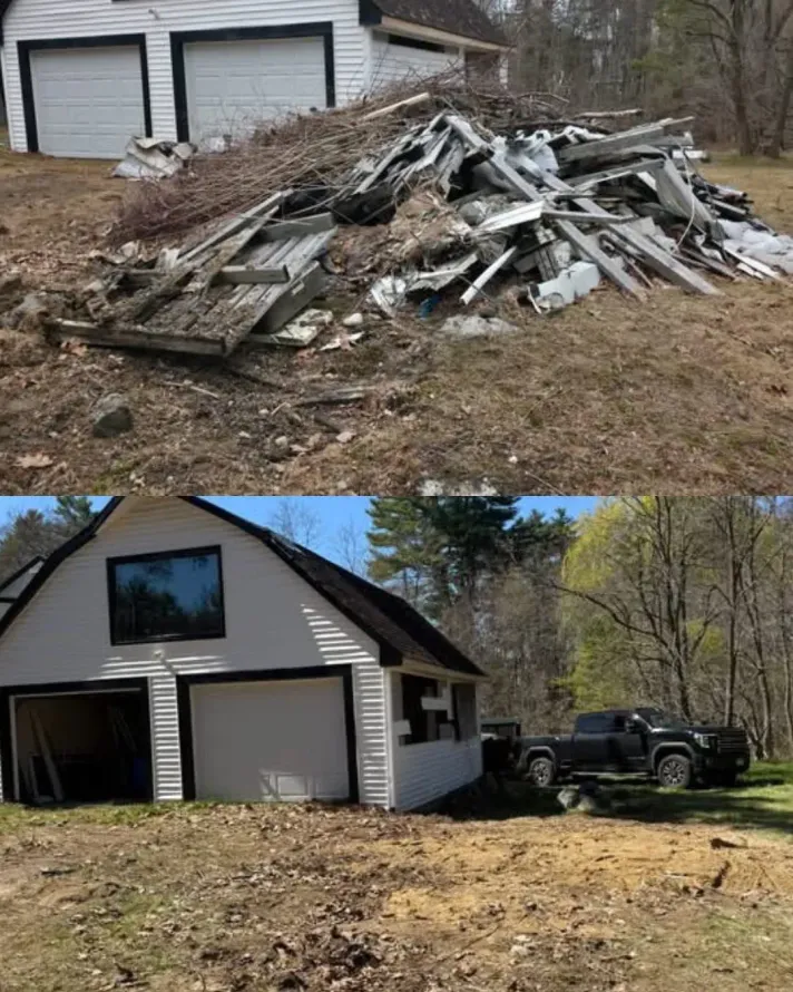 Two views of a house: a driveway debris pile and a garage with a black SUV beside it.